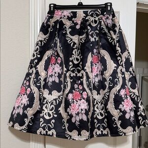 Chic Black and Pink Floral A-Line Skirt